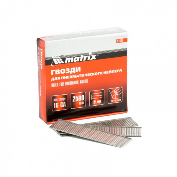 Гвозди для пневматического нейлера 16GA, сечение 1.6 х 1.4, длина 19 мм, 2500 шт Matrix 57601
