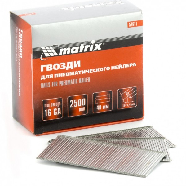 Гвозди для пневматического нейлера 16GA, сечение 1.6 х 1.4, длина 40 мм, 2500 шт Matrix 57611