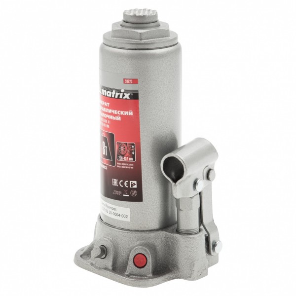 Домкрат гидравлический бутылочный, 8 т, высота подъема 230-457 мм Matrix 50723