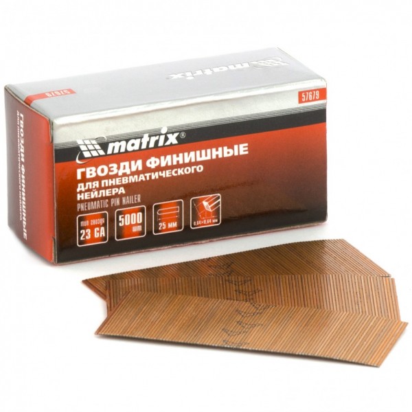 Гвозди финишные, (шпильки) 23GA для пневматического нейлера финишного D 0.64 мм, длина 25 мм, 5000 шт Matrix 57679