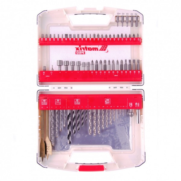 Набор сверл комбинированный, сверла по металлу 1-6 мм, бетону 4-8 мм, дереву 3-8 мм, перки, биты 44 шт, адаптер, головки 6 шт, 75 предметов Pro Matrix 725675