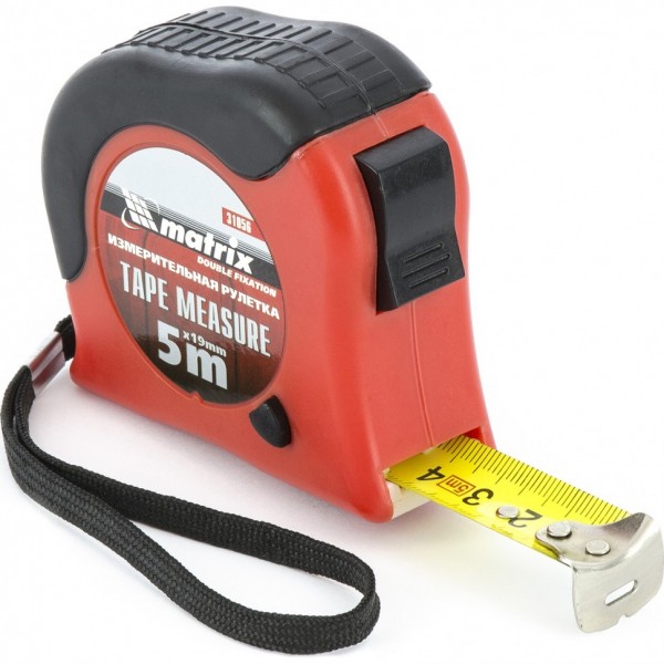 Рулетка Double fixation,5 м х 19 мм,обрезиненный корпус,двойная плавная фиксация Matrix 31056